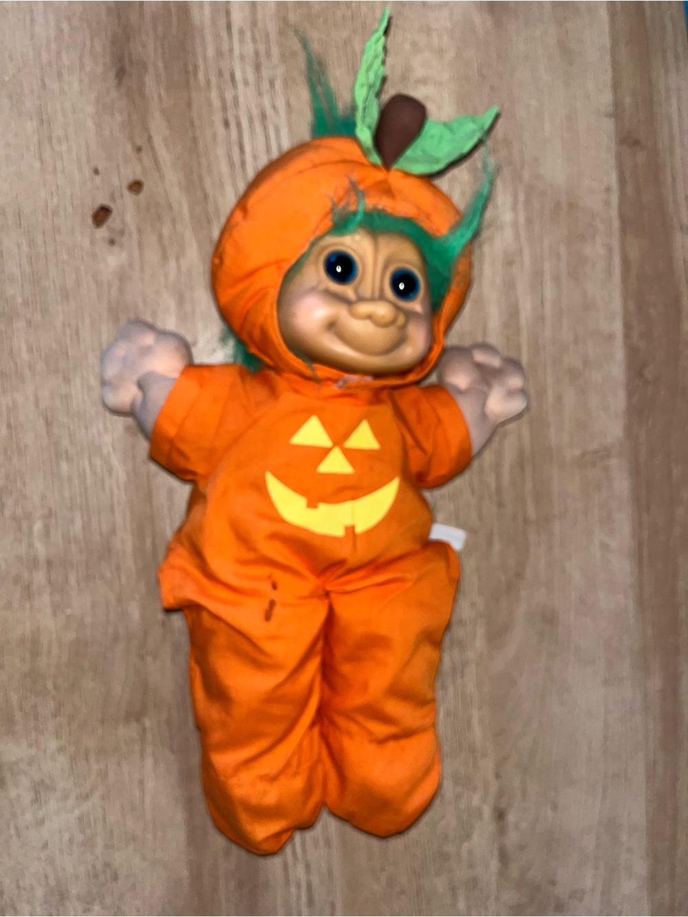 Vintage Russ Large 8” Troll Doll Halloween Jack O’ Lantern Pumpkin Green Hair